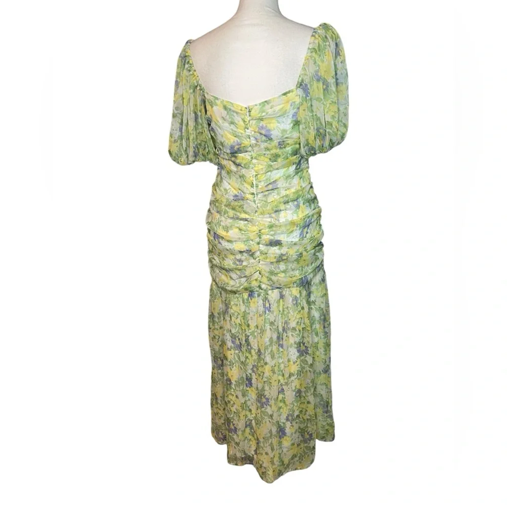 ASOS ruched puff sleeve maxi dress white base yellow blue floral print - Picture 5 of 15